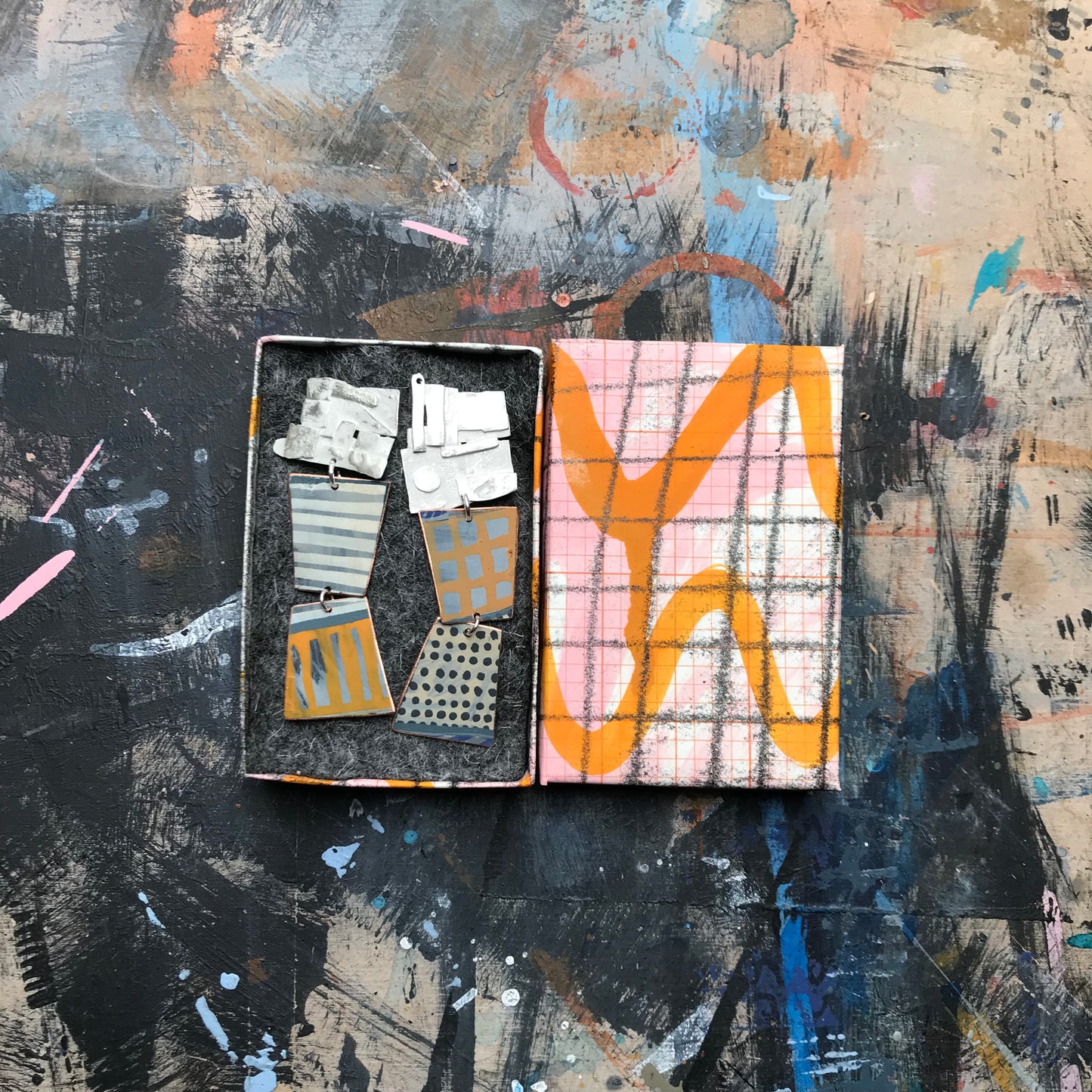 the artists muse ON THE CUSP earrings with abstract collage & yellow grid