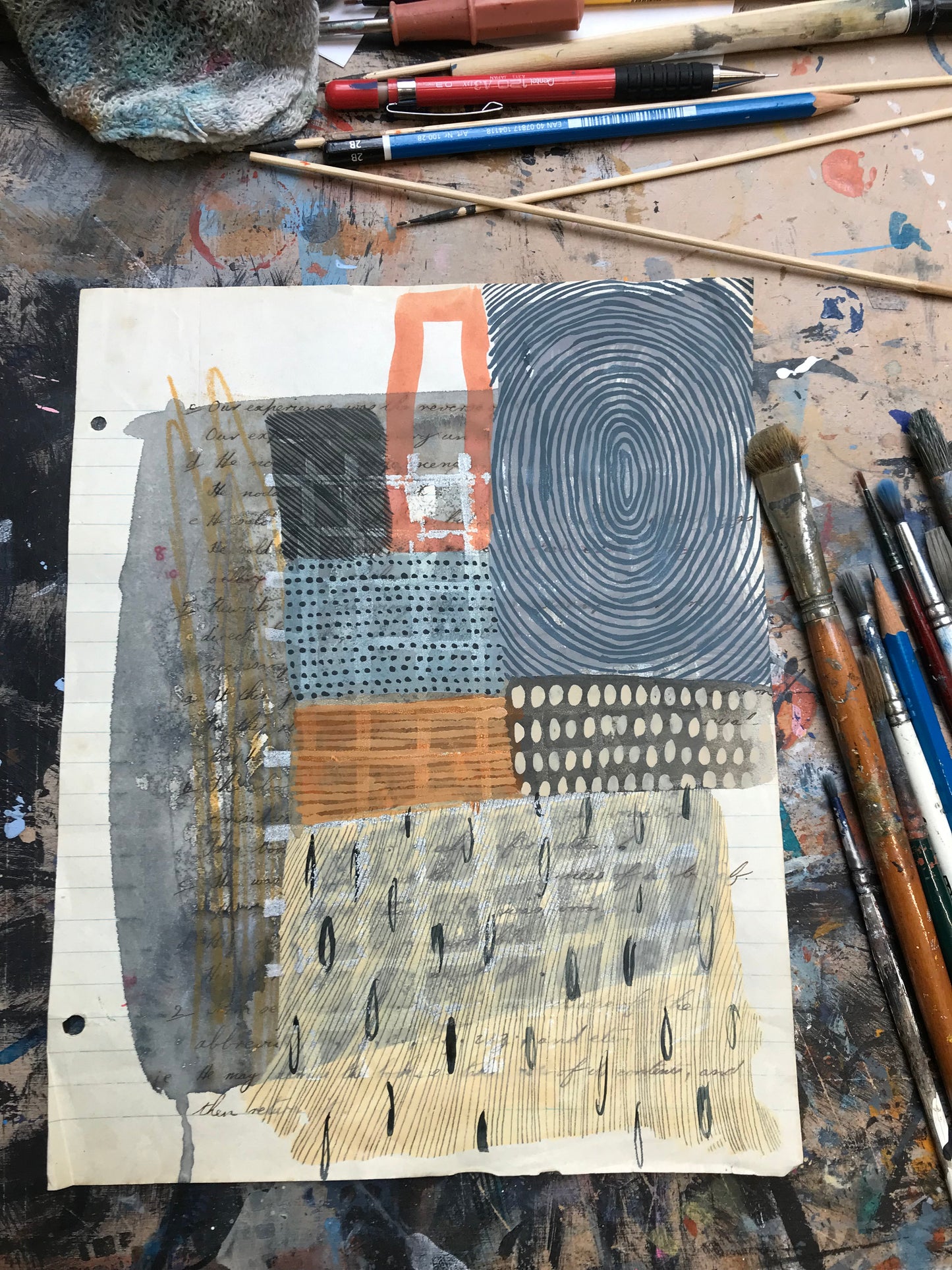Sifting - mixed media on salvaged notebook page