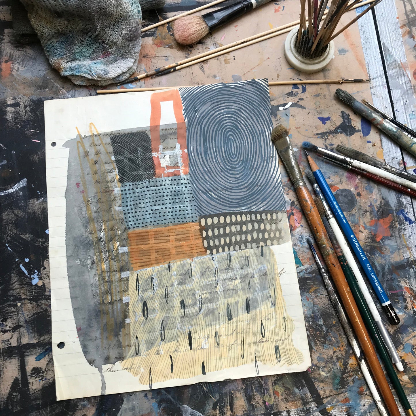 Sifting - mixed media on salvaged notebook page