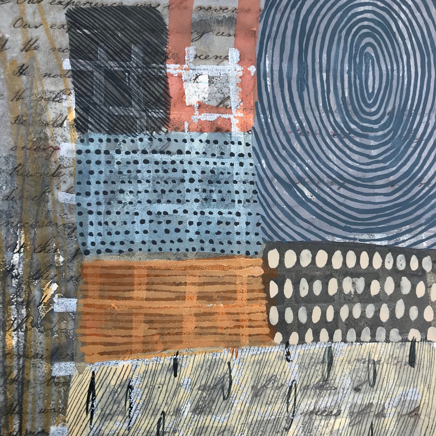 Sifting - mixed media on salvaged notebook page